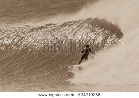 Surfing Surfer Rear Behind Photo Bottom Turning Rides Cold  Offshore Wind Swept Wave Vintage Sepia T