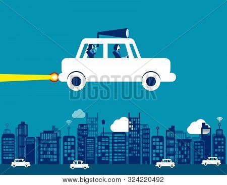 Business Team And Flying Car, Concept Business Searching Vector Illustration, City, Transportation,
