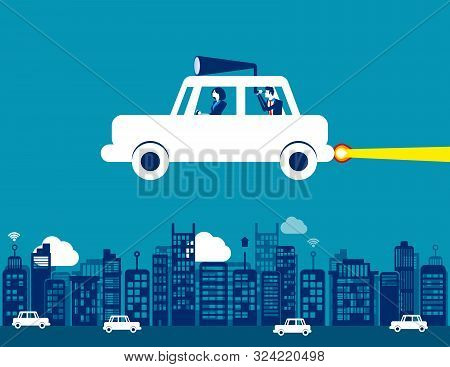 Business Team And Flying Car, Concept Business Searching Vector Illustration, City, Transportation,