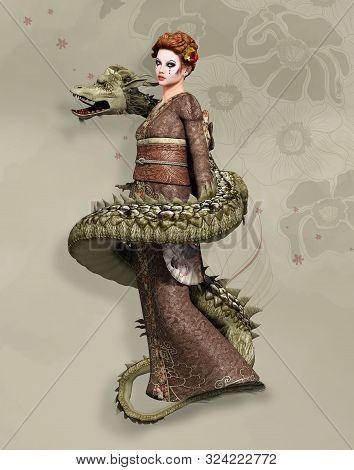 Warrior Women Series: Oriental Girl In Kimono With A Dragon Twisted Around Her - 3d Illustration