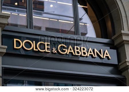 Zurich, Switzerland - July 19, 2018: Dolce and Gabbana logo at the brand store facade