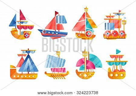 Different Vessels Set, Smal Colorful Ships Flat Vector Illustrations On A White Background