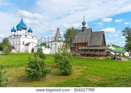 Suzdal, Russia - August, 24 2019: Panoramic View Of The Suzdal Kremlin In Suzdal, Russia. The Cathed