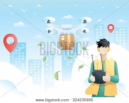 Young Man Controls Drone Delivery With Wireless Remote. Remote Air Drone With A Box Flying In The Sk
