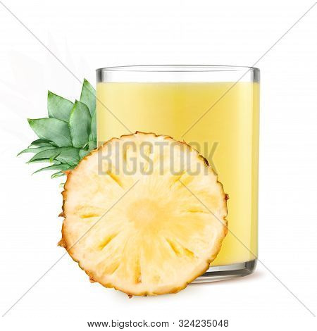 Glass Of Pineapple Juice And Slices Of Pineapple On White Background