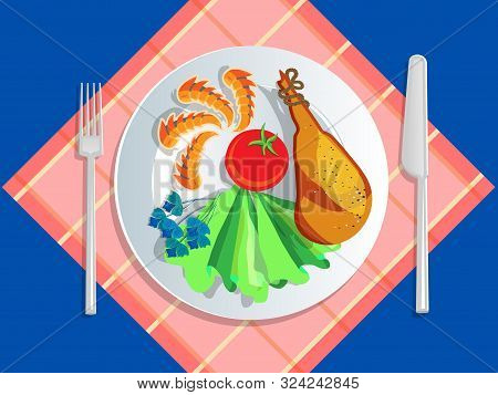 Ketogenic Diet Nutrition. White Plate Full Of Healthy Food: Seafood, Jamon, Tomato, Lettuce, Basil, 