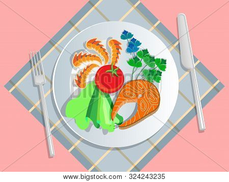 Ketogenic Diet Nutrition. White Plate Full Of Healthy Food: Salmon, Tomato, Lettuce, Basil, Seafood,