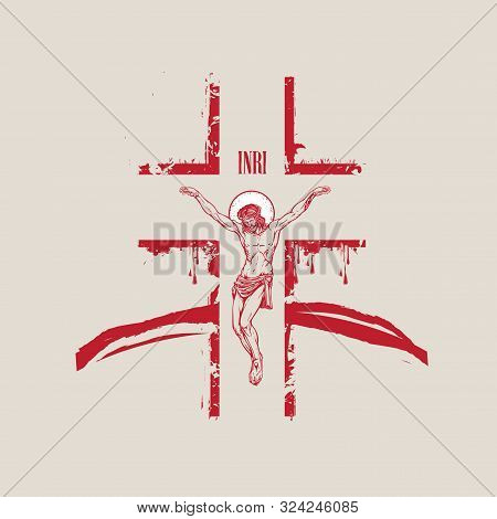 Vector Banner With Crucifixion On The Hill. Religious Illustration With Crucified Jesus Christ On Th