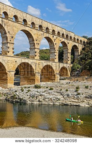 Remoulins, France, September 20, 2019 : The Pont Du Gard, The Highest Roman Aqueduct Bridge, And One