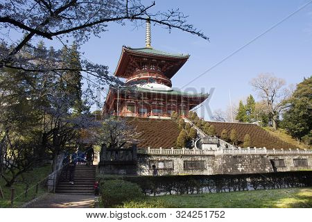Japanese People And Foreigner Traveler Walking Visit And Praying In Daitou Or Great Pagoda Of Narita