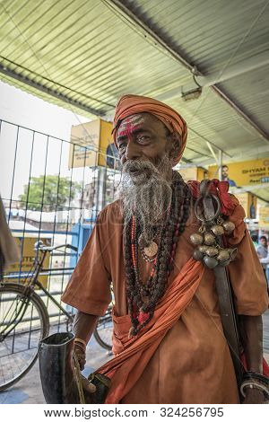 Tarakeswar, India – April 21 2019; An Unidentified Sadhu Blows Conch At Baba Taraknath Temple, A Hin