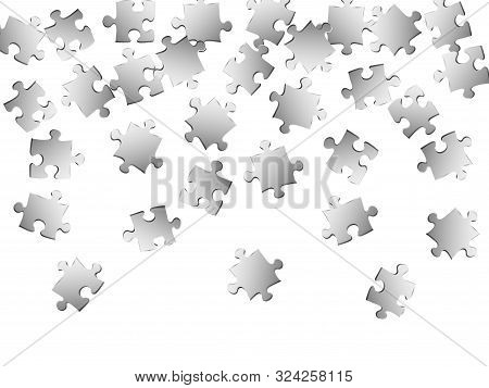 Abstract Enigma Jigsaw Puzzle Metallic Silver Parts Vector Illustration. Scatter Of Puzzle Pieces Is