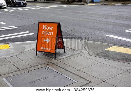 Seattle,wa/usa-9/15/19: A Sign Saying That The Amazon Go Store Is Open.  Amazon Go Is A New Kind Of 