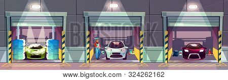 Car Wash Service Station Cartoon Illustration. Happy Smiling Worker Washing And Cleaning Dirty Autom