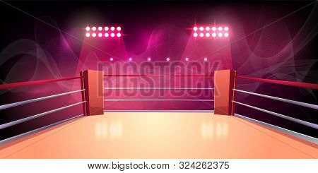 Background Of Boxing Ring, Illuminated Sports Area For Fighting, Dangerous Sport. Empty Arena With S