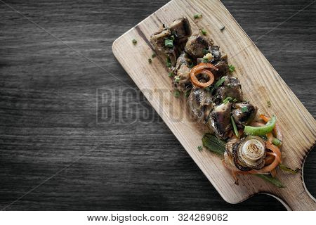 Grilled Fresh Sausage Starter Tapas Snack Set On Rustic Wood Board