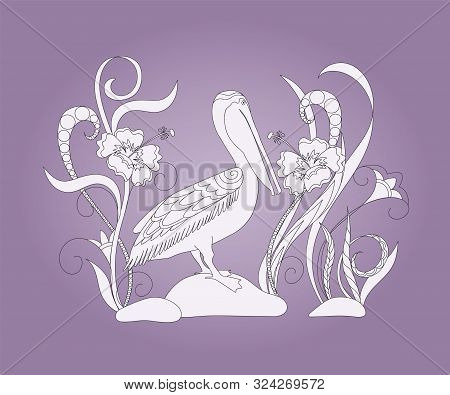 Hand Drawn Doodle Composition With Pelican And Flowers For Canvas Print, Decorate Home, Wall, Cover 