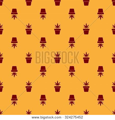 Red Medical Marijuana Or Cannabis Plant In Pot Icon Isolated Seamless Pattern On Brown Background. M