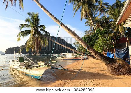 Philippines Beach Landscape - Corong Corong Beach In El Nido, Palawan Island. Sunset Light.