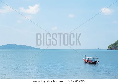 Fishing Boats In The Gulf Of Thailand Are Going Out To Fish. Views Of The Sea And Small Islands In T