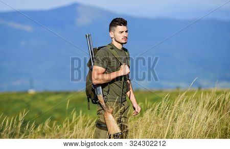 Hero. Man Ready To Fire. Hunter Hobby. Army Forces. Sniper Reach Target Mountain. Military Style. Ma