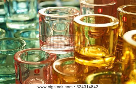 Umea, Sweden - September 5, 2019: Lots Of Different Colored Glass Lanterns At An Interior Store