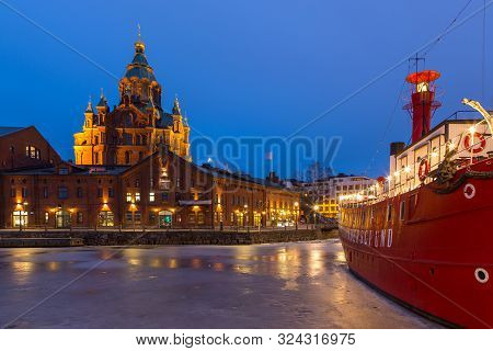Helsinki, Finland- 28 February 2015: View Of Old Red Brick Buildings On The Waterfront. Night City I