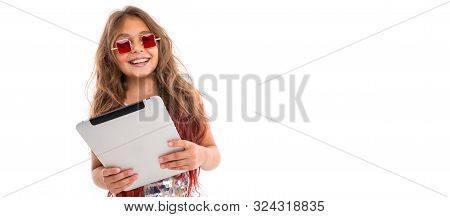 Panorama Of Laughing Girl In Square Red Sunglasses Holding Tablet Screen Against White Background Is