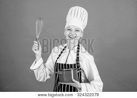 Whipping Cream Tips And Tricks. Use Hand Whisk. Woman Professional Chef Hold Whisk And Pot. Whipping