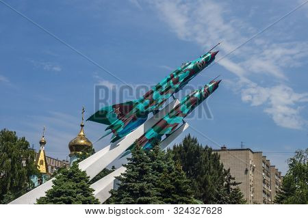 Krasnodar, Russia - May 9, 2019. Monument In Krasnodar Two Mig 21 Defenders Of The Kuban Sky