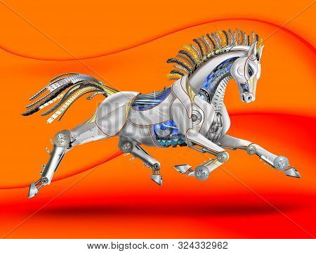 A Mare Made Of Metal And Plastic. Mechanical Galloping. Orange Background