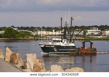 New Bedford, Massachusetts, Usa - July 27, 2019: Scalloper Bella Rose, Hailing Port Bass Harbor, Mai