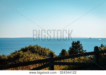 Mackinac Island Mi /usa - July 9th 2016: View Of The Mackinac Bridge From The West Bluffs Of Mackina