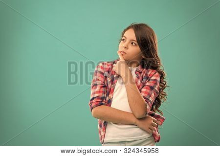 Daydreaming Concept. Kid Thoughtful Face Make Decision. Child Cute Curly Hair Thinking. Hard Decisio
