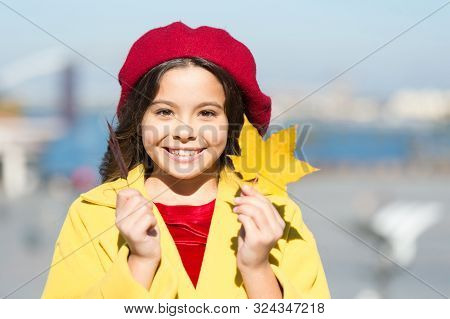 Time To Relax. Happy Small Girl. Autumn Kid Fashion. Child Maple Leaf. Kid In French Beret. Leaf Fal