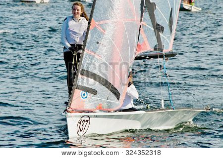 Lake Macquarie, Australia - April 18, 2013: School Children Sailing Competing In The Australian High