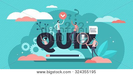 Quiz Vector Illustration. Flat Tiny Brain Game Play Process Persons Concept. Erudition Puzzle And Fu