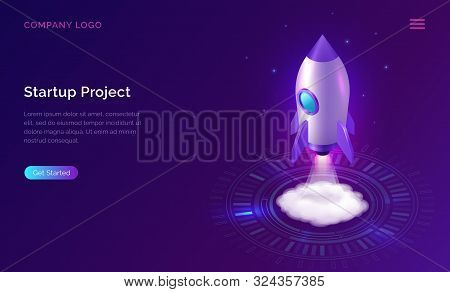 Business Start Up Isometric Concept Vector Illustration. Rocket Taking Off With Fire And Smoke Over 
