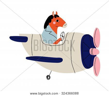 Horse Pilot Flying On Retro Plane In The Sky, Cute Animal Character Piloting Airplane Vector Illustr