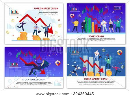 Forex Stock Trade Market Crash Poster Flat Set. Business And Investment Crisis. Currency Failure. Ne