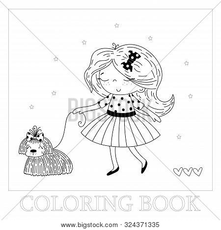 Hand Drawn Page For Coloring Book With Cute Little Girl And Dogvector Illustration. Vector Doodle Il