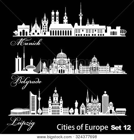 City In Europe - Munich, Belgrade, Leipzig. Detailed Architecture. Trendy Vector Illustration.