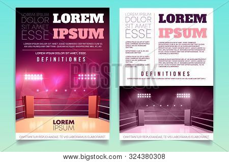 Brochure With Boxing Ring For Competition, Tournament. Booklet With Illuminated Sports Area For Figh