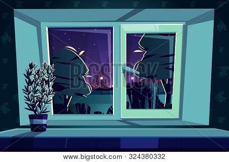 Sill Rail With A Plastic Window At Night, Rosemary On A Windowsill. Green Plant For The Home Garden,