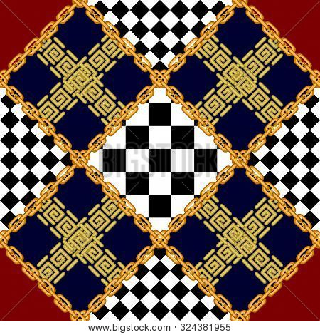Seamless Vector Pattern With Golden Chains And Geometric Elements.