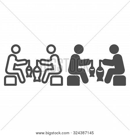 Two Fishemen Line And Glyph Icon. Fishing Sport Vector Illustration Isolated On White. Fisherman Com