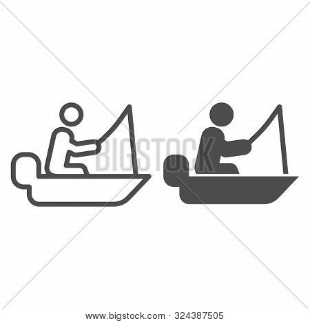 Man Cath Fish On Fishing Rod Line And Glyph Icon. Boat With Fisherman Vector Illustration Isolated O