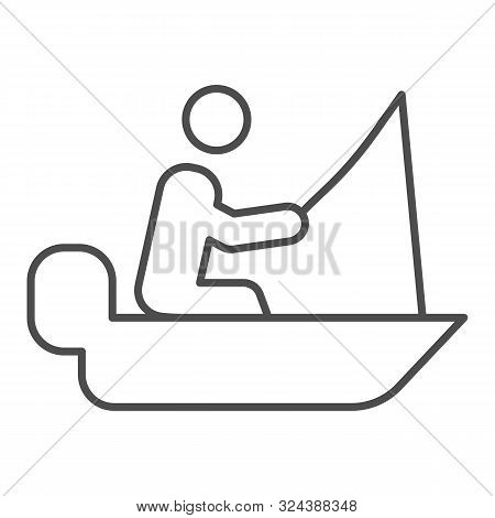 Man Cath Fish On Fishing Rod Thin Line Icon. Boat With Fisherman Vector Illustration Isolated On Whi
