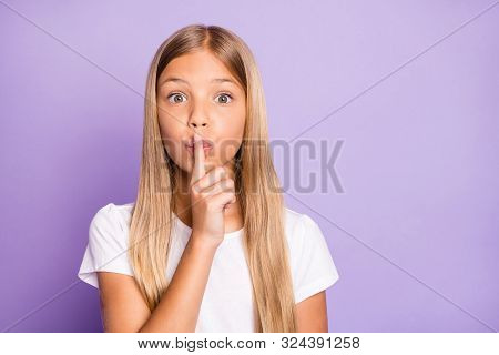 Close Up Photo Of Cute Amazed Shocked Kid Put Index Finger Near Lips Say Keep Secret It Is Confident