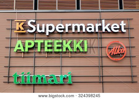 Kouvola, Finland - 22 September, 2019: Close-up Of The Signs Of Finnish K-supermarket, Pharmacy, Tii